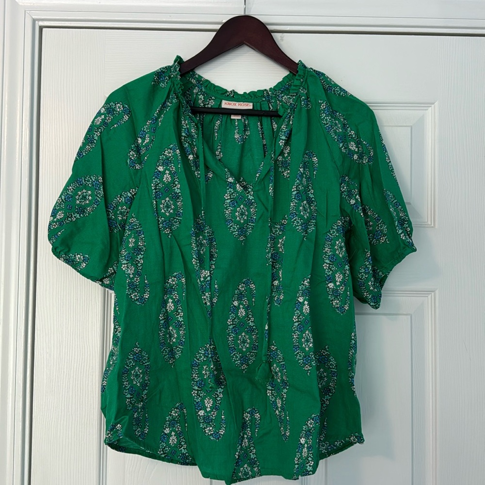 KNOX ROSE Green Blue Floral Raglan Sleeve Blouse with Tie Size Medium